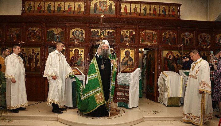 Serbian Patriarch Porfirije during a divine service at the Metochion of the Russian Orthodox Church in Belgrade. Photo: mospat.ru